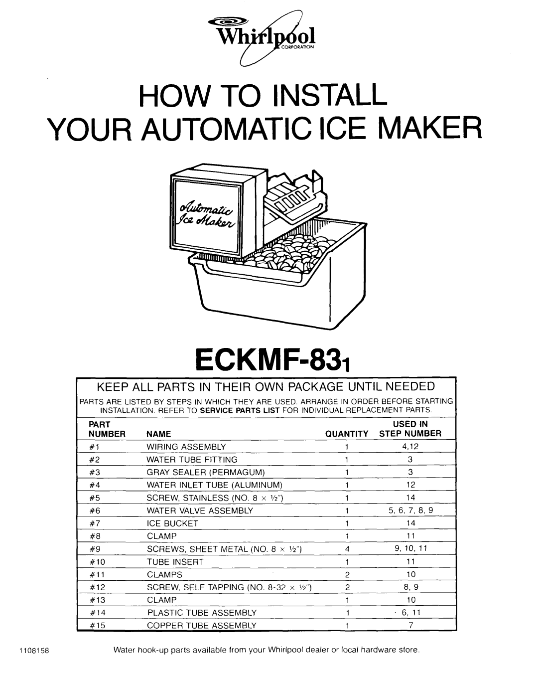 Whirlpool manual HOW TO INSTALL YOUR AUTOMATIC ICE MAKER ECKMF-831, Keep All Parts In Their Own Package Until Needed 