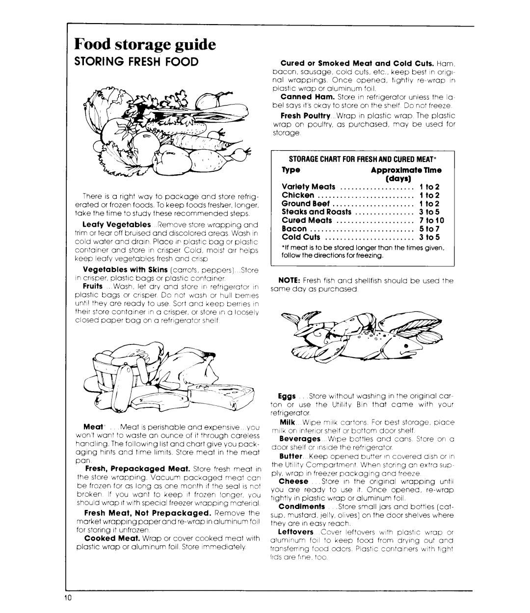 Whirlpool ED19CK manual Food storage guide, Wavsl, Fresh, Prepackaged Meat. Store fresh meat, Approximate 