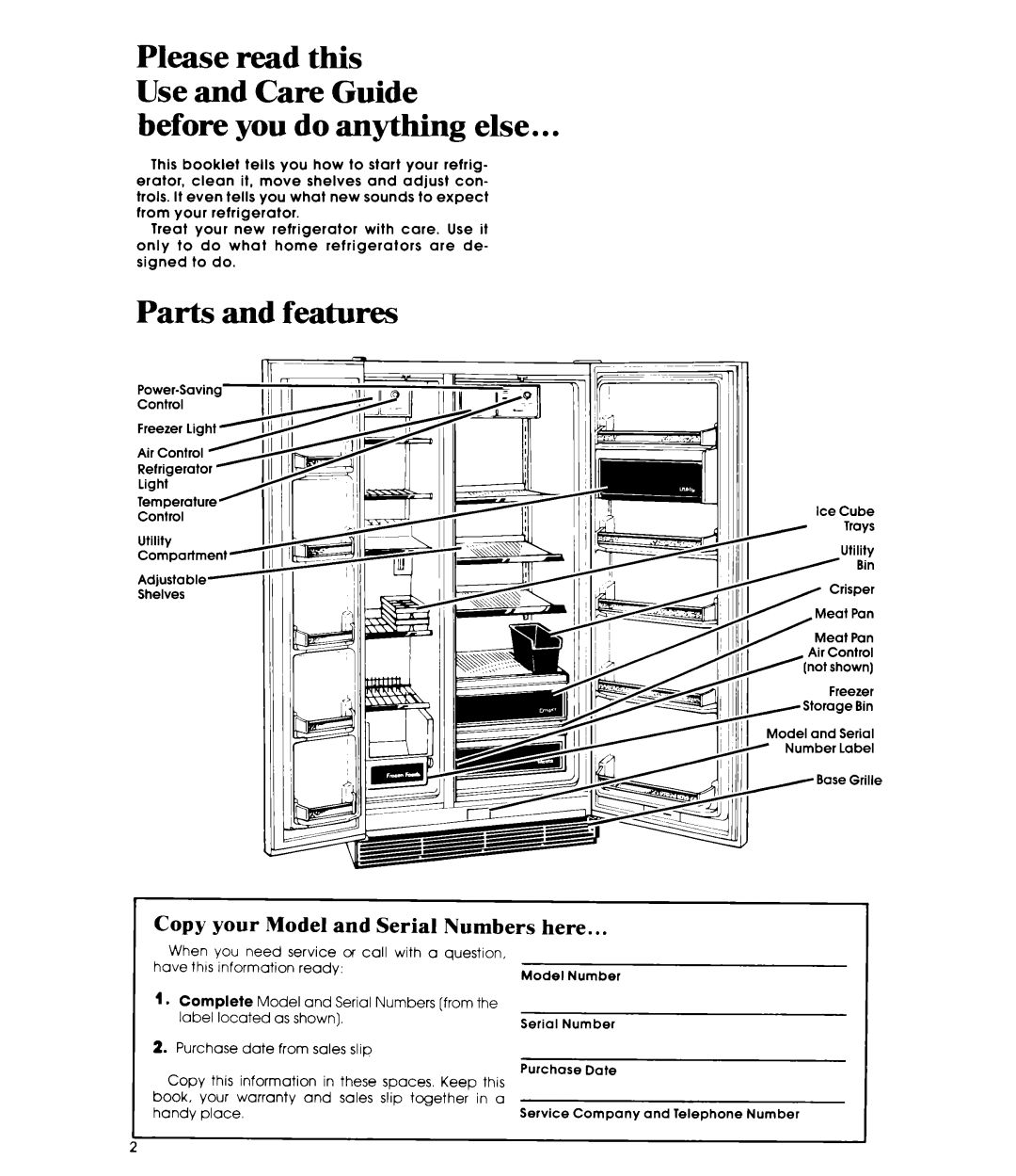 Whirlpool ED19CK manual Before you do anything else, Parts and features, Copy your Model and Serial Numbers here 