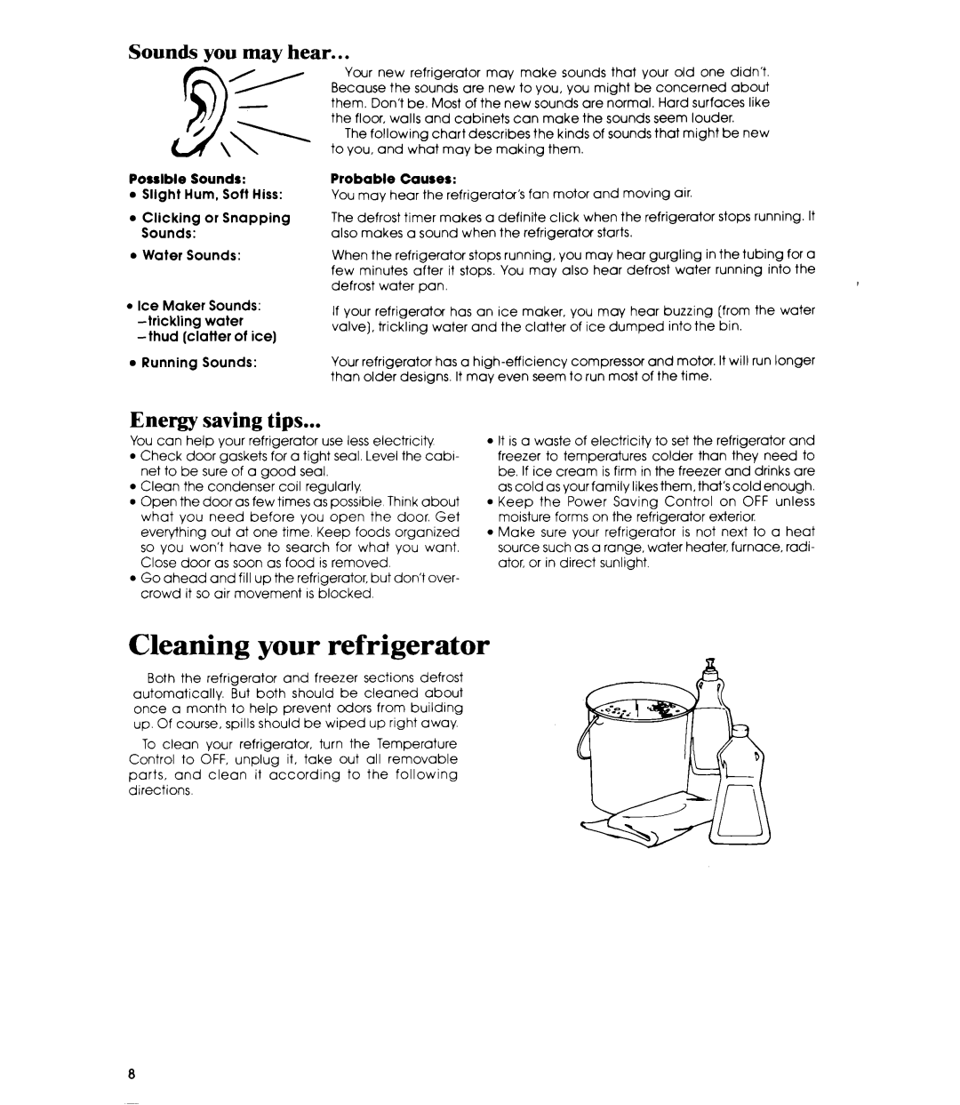 Whirlpool ED19CK Cleaning your refrigerator, Sounds you may hear, Energy Saving tips, Possible Sounds, Probable Causes 