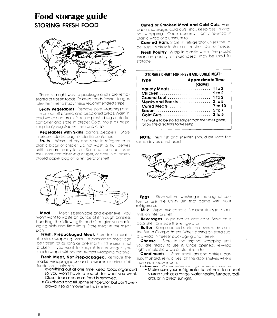 Whirlpool ED19EK manual Food storage guide, Storagechartforfreshand Curedmeat 