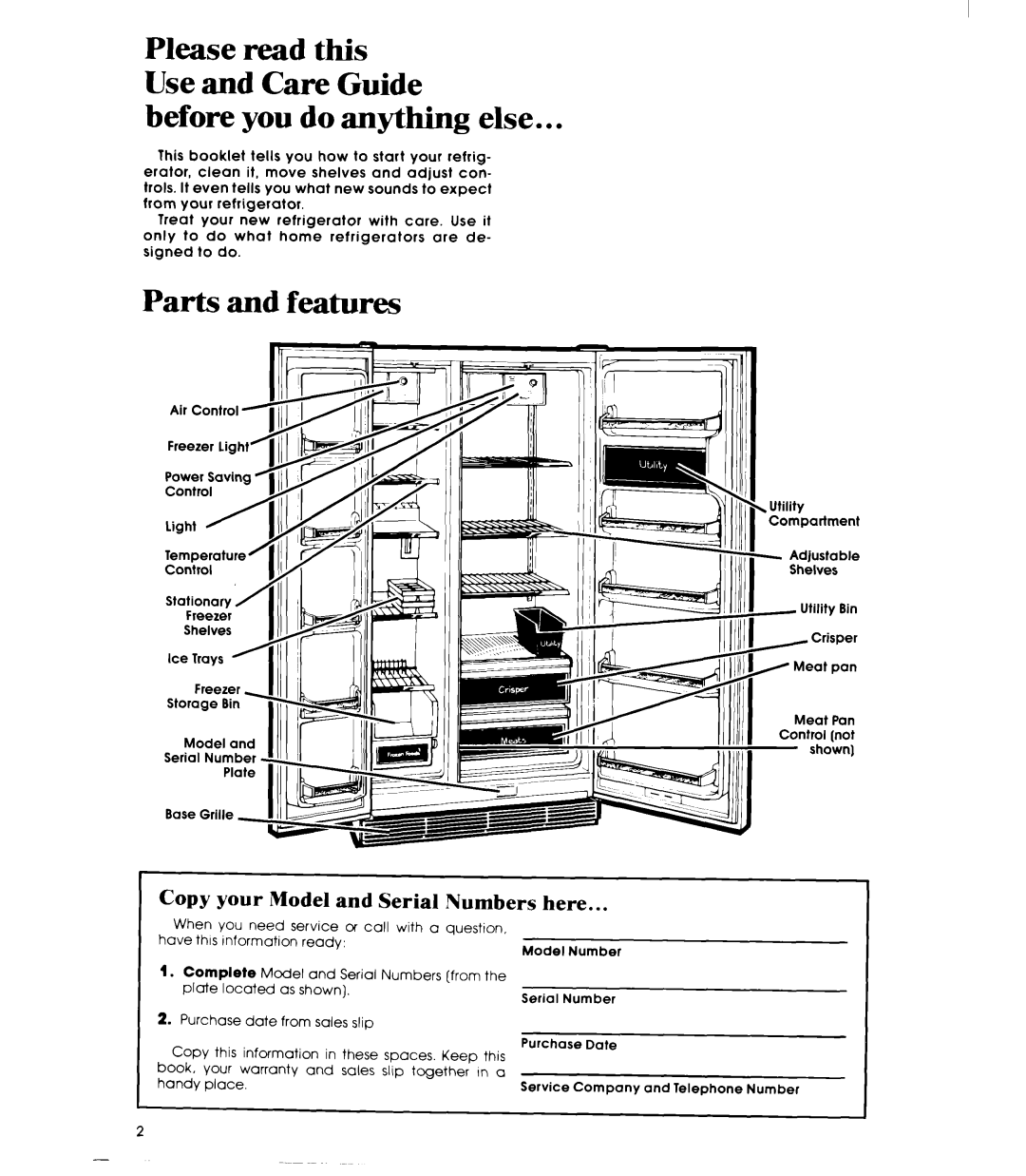 Whirlpool ED19EK manual Before you do anything else, Parts and features, Copy your Model and Serial Numbers here 