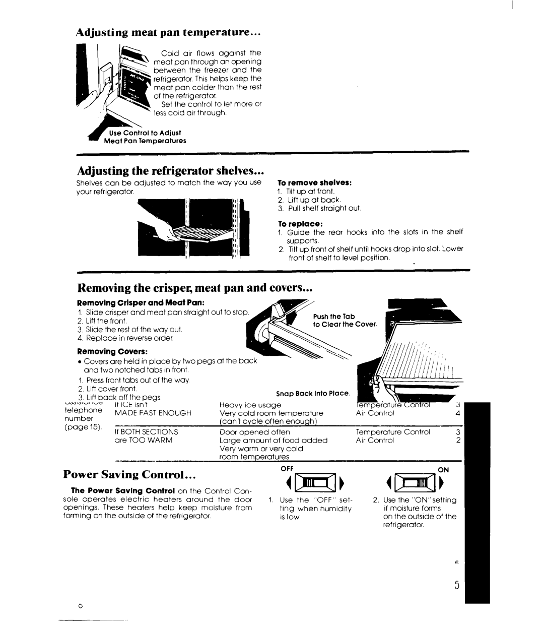 Whirlpool ED19EK manual Adjusting meat pan temperature, Adjusting Refrigerator Shelves, Removing freezer shelves 