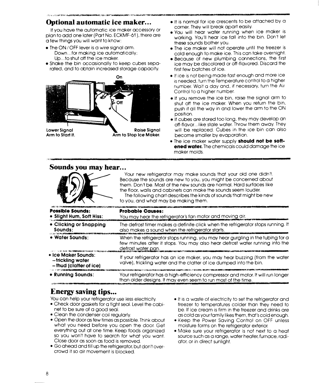 Whirlpool ED19EK Optional automatic ice maker, Sounds you may hear, Energy saving tips, Posslbie Sounds, Probable Causes 