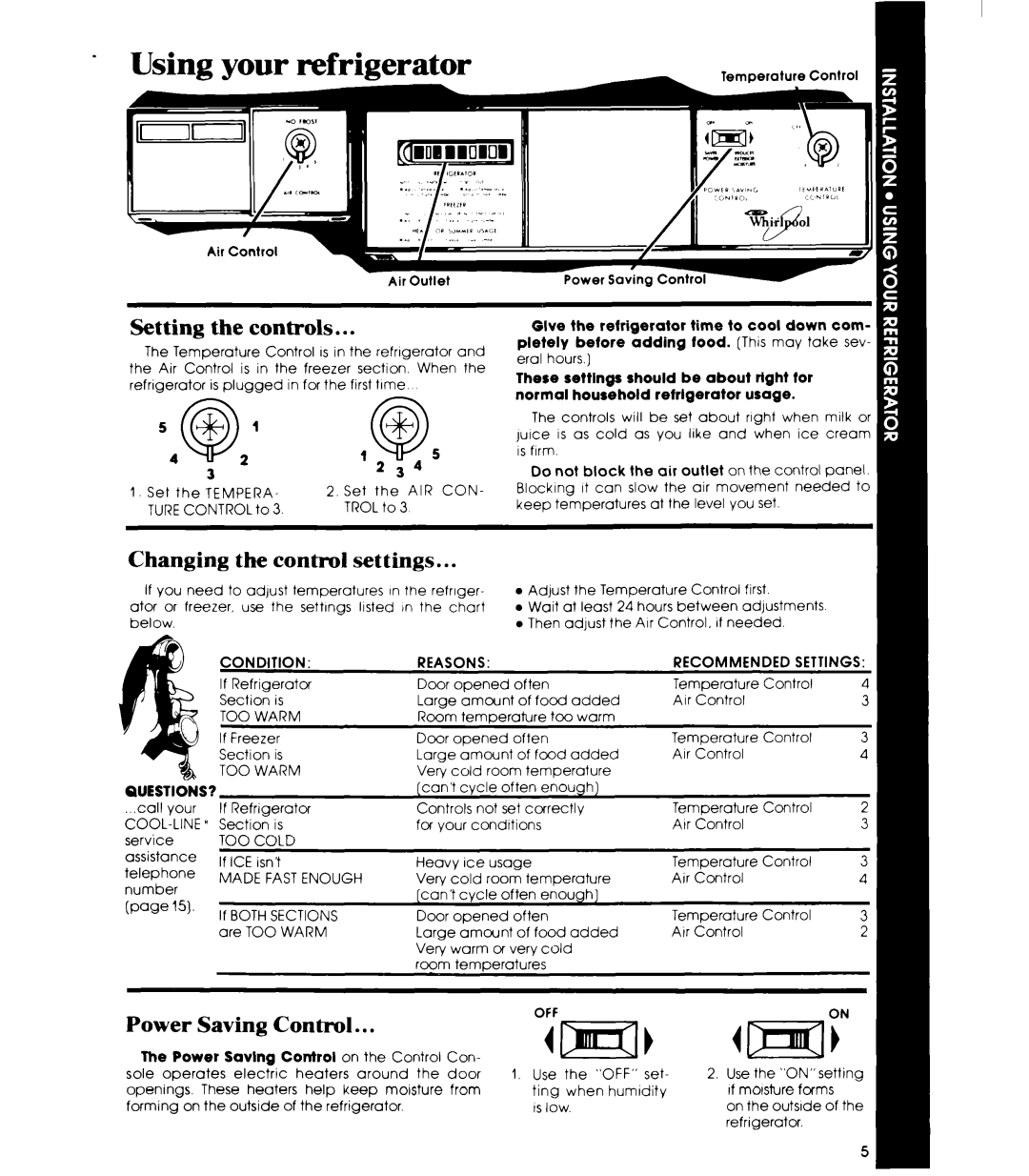 Whirlpool ED19HK manual Setting the controls, Changing the control settings, Power Saving Control, 54@,’ 