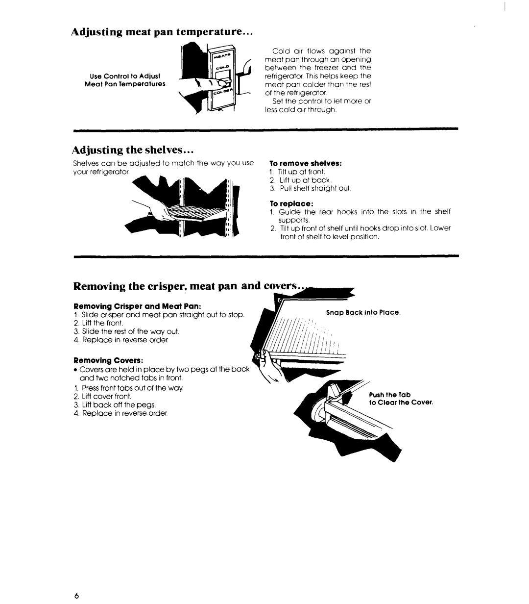 Whirlpool ED19HK manual Adjusting meat pan temperature, Adjusting Shelves, Removing the crisper, meat pan and covers 