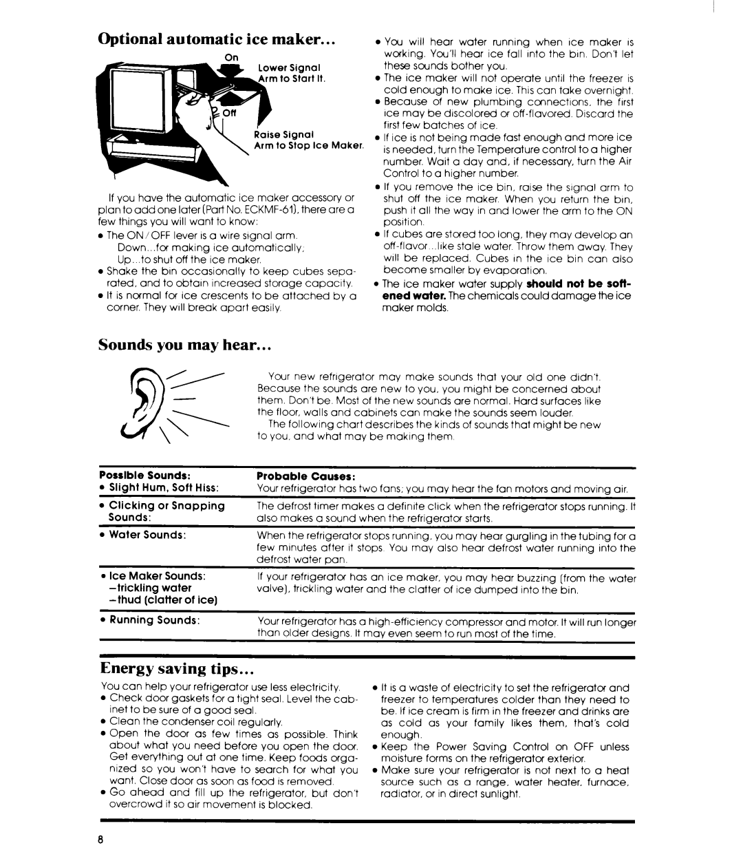 Whirlpool ED19HK Optional automatic ice maker, Sounds you may hear, Energy saving tips, Possible Sounds Probable Causes 