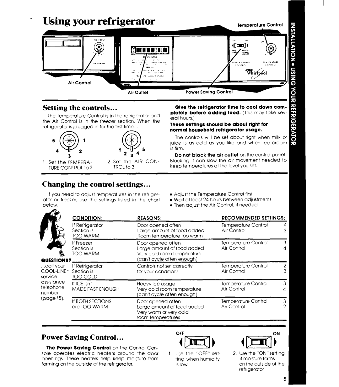 Whirlpool ED19HK manual Setting the controls, Changing the control settings, Power Saving Control, 54@,’, Questions? 