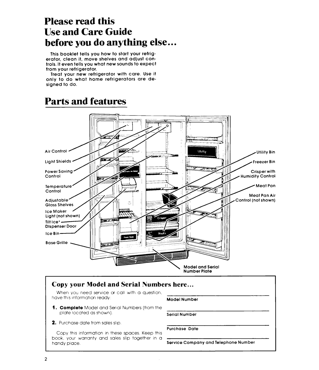 Whirlpool ED19MT manual Before you do anything else, Parts and features, Copy your Model and Serial Numbers here 