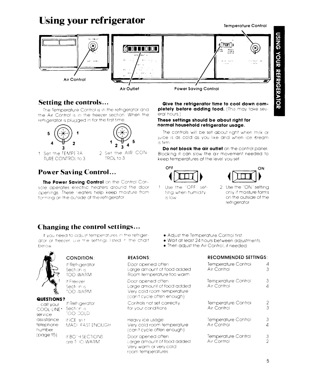 Whirlpool ED19MT manual Using your refrigerator, Setting Controls, Power Saving Control, Changing the control settings 