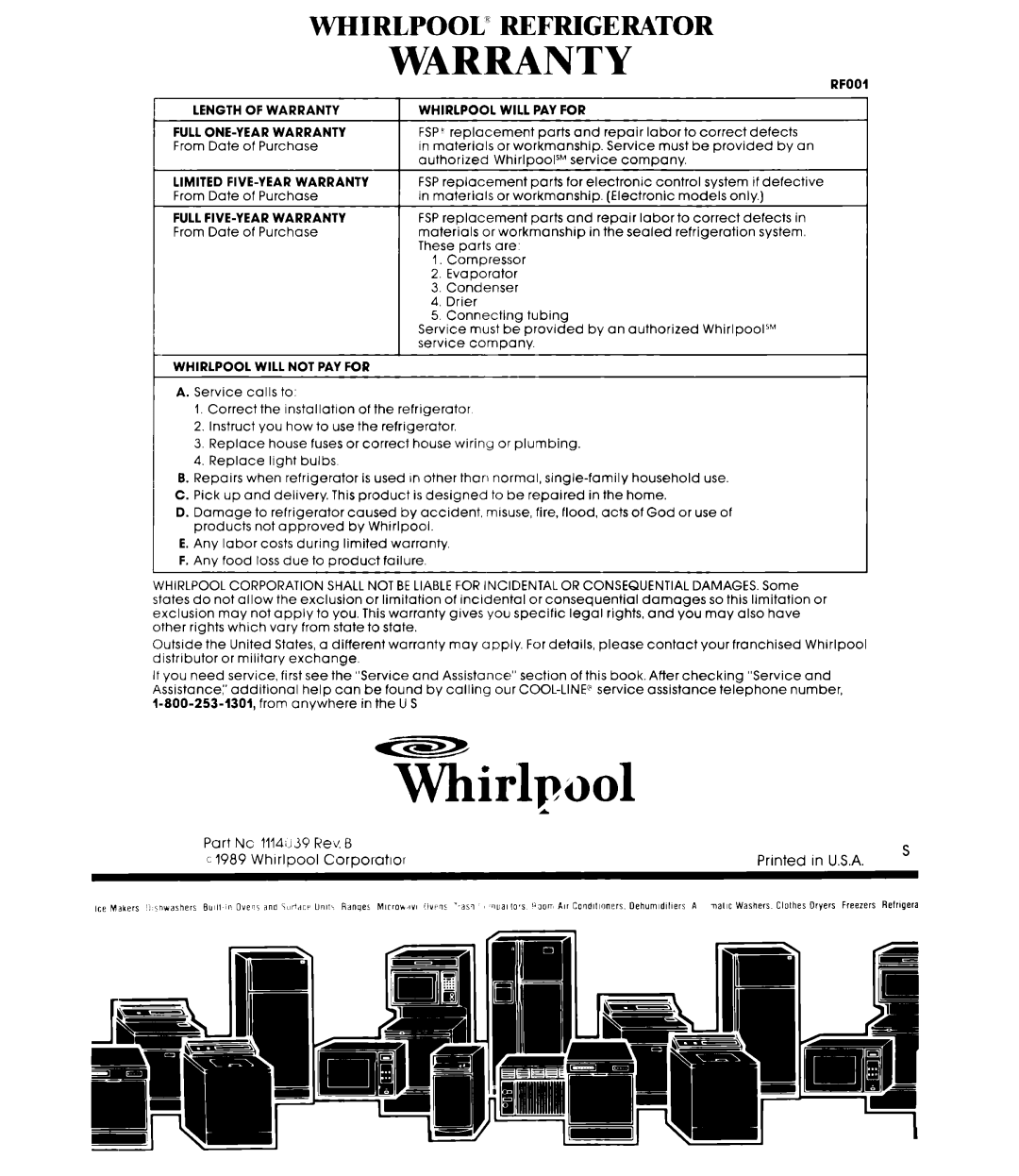 Whirlpool ED20AK manual Warranty 