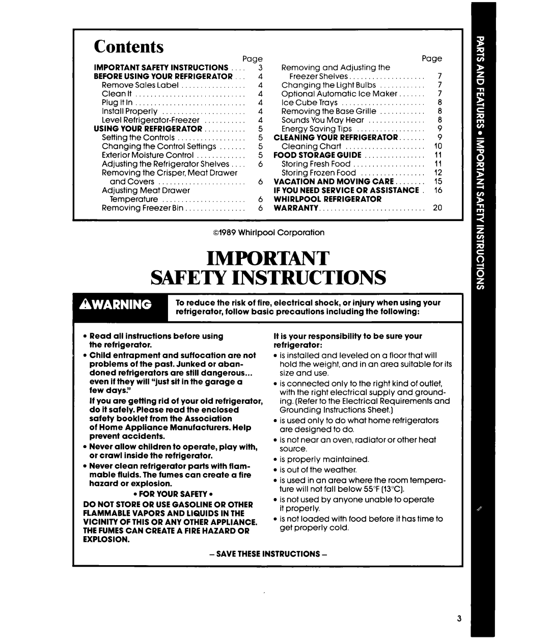 Whirlpool ED20AK manual Safety Instructions, Contents 