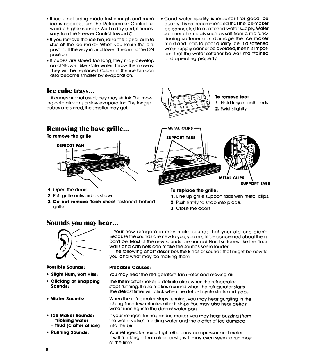 Whirlpool ED20AK manual Ice cube trays, Removing the base grille, Sounds you may hear 