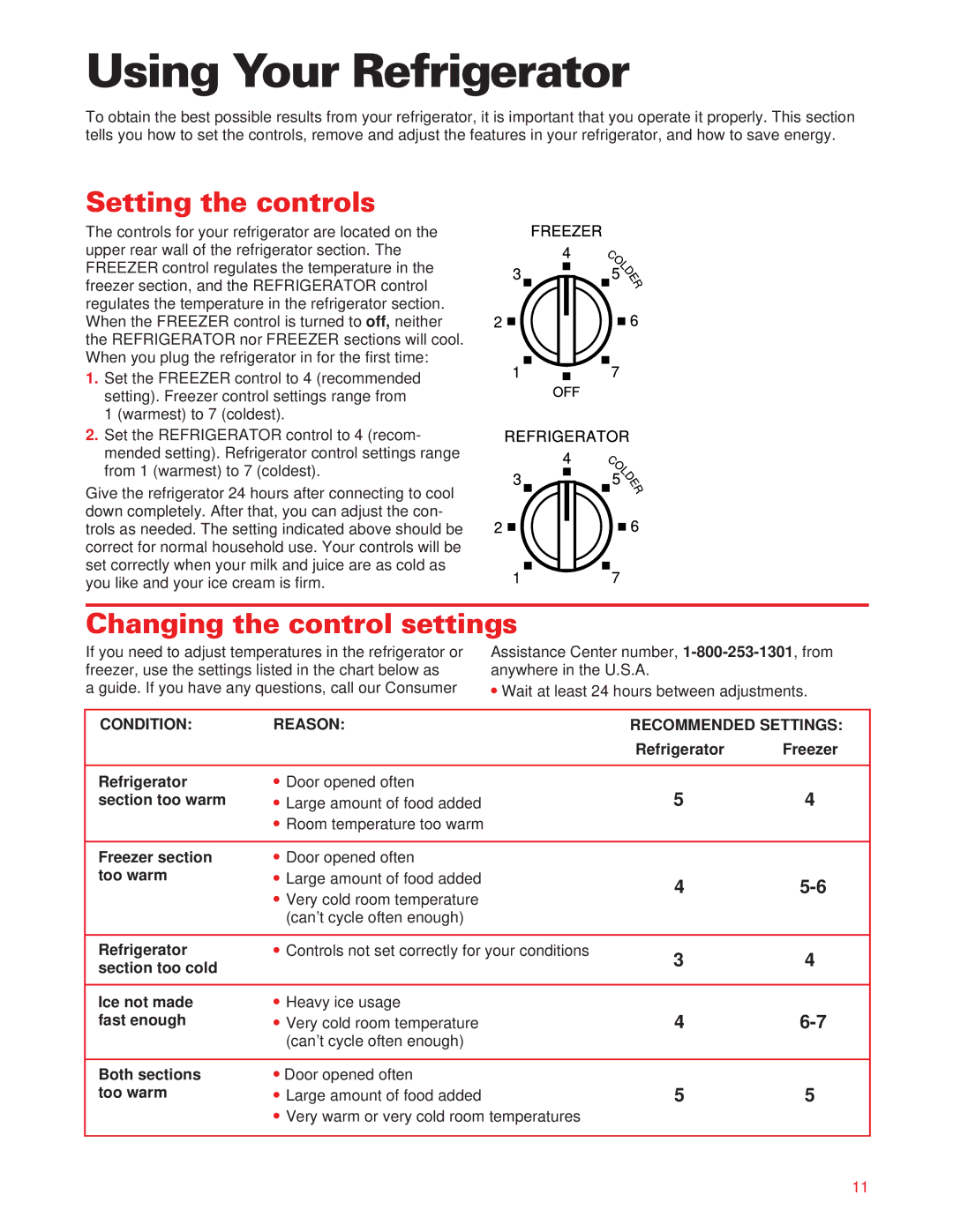 Whirlpool ED20DFXEB00 warranty Using Your Refrigerator, Setting the controls, Changing the control settings 