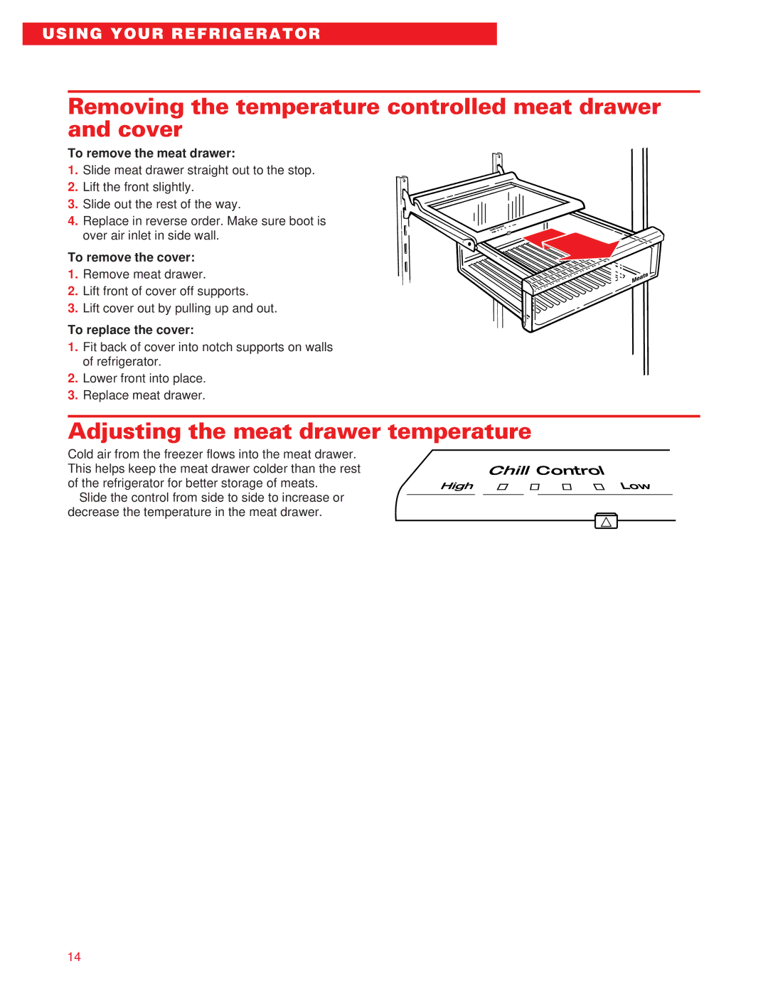 Whirlpool ED20DFXEB00 Removing the temperature controlled meat drawer and cover, Adjusting the meat drawer temperature 