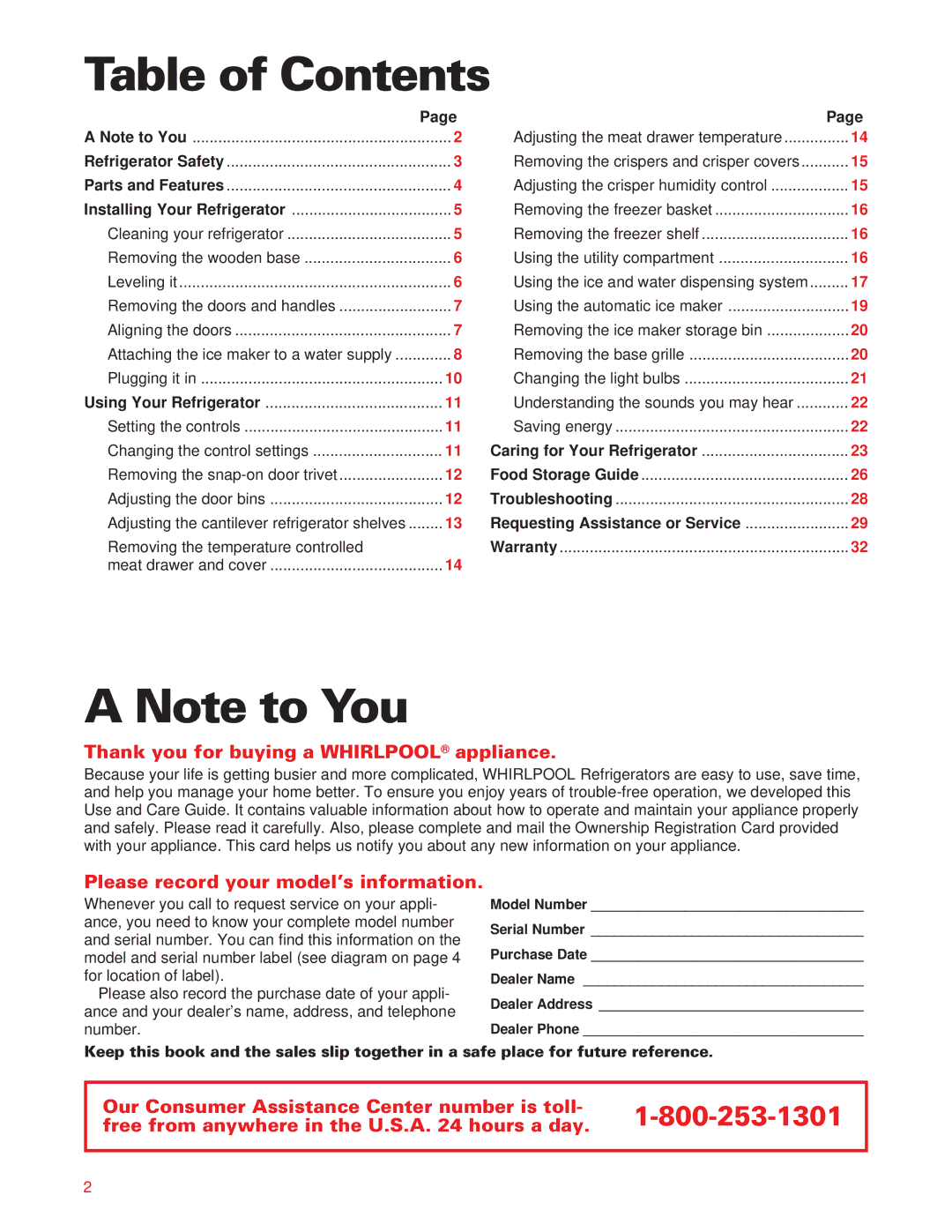 Whirlpool ED20DFXEB00 warranty Table of Contents 