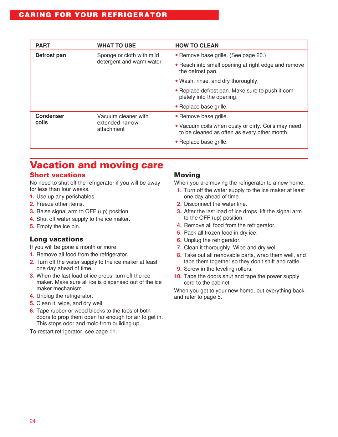 Whirlpool ED20DFXEB00 warranty Vacation and moving care, Long vacations, Moving 