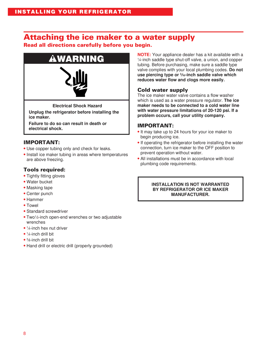 Whirlpool ED20DFXEB00 warranty Attaching the ice maker to a water supply, Cold water supply, Tools required 