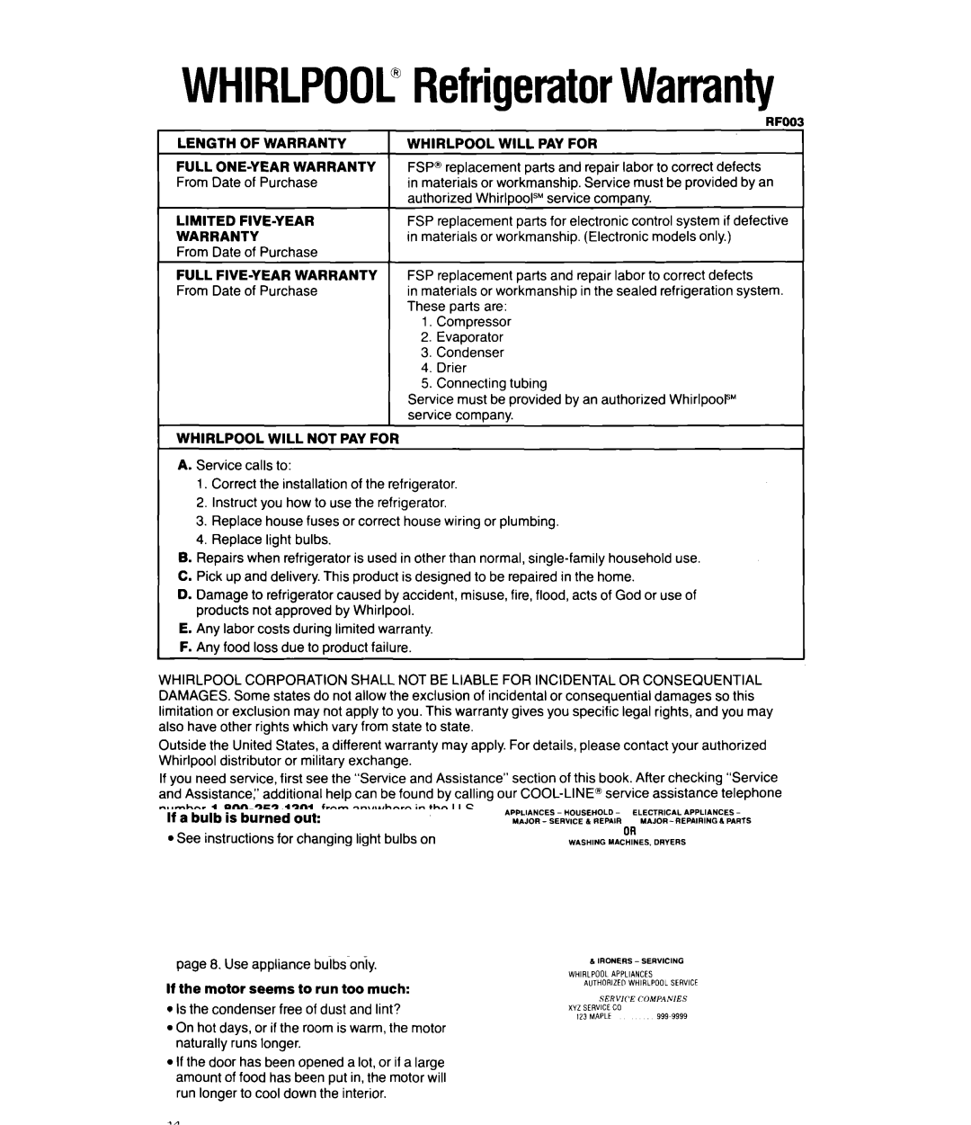 Whirlpool ED20GK, ED20HK Length Warranty, Will PAY for Full ONE-YEAR Warranty, Limited FIVE-YEAR, Full FIVE-YEAR Warranty 