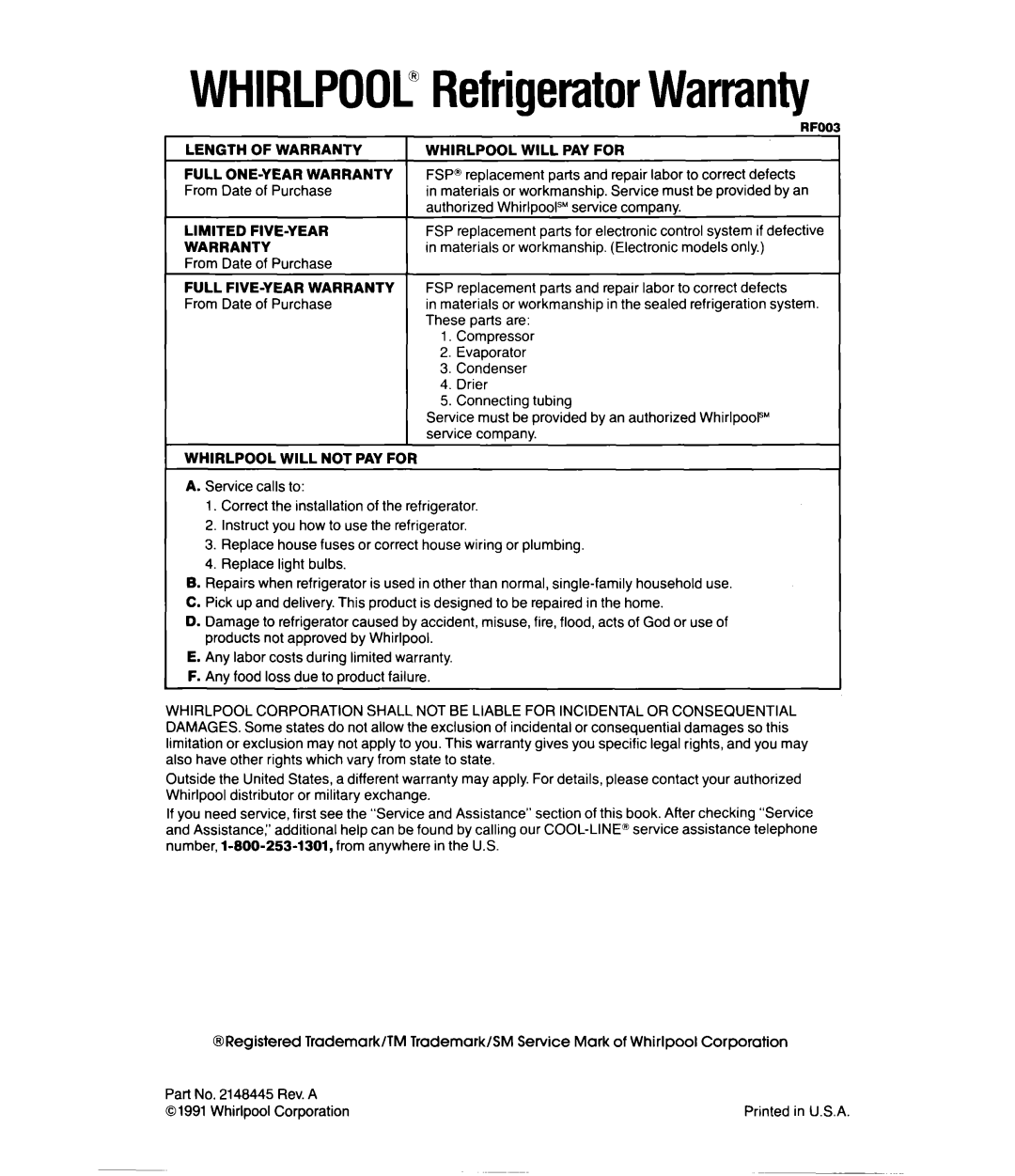 Whirlpool ED20GK, ED20HK manual WHIRLPOOCRefrigeratorWarranty 