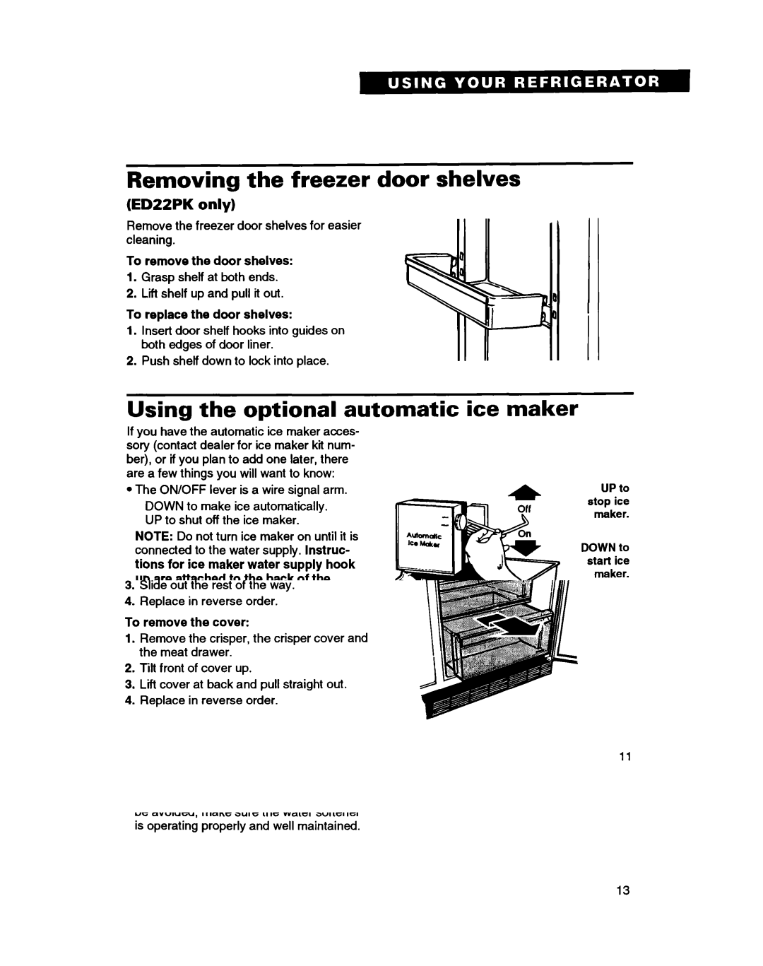 Whirlpool ED20PK ED22PK warranty Removing the freezer door shelves, Using the optional automatic ice maker, Edzzpk only 