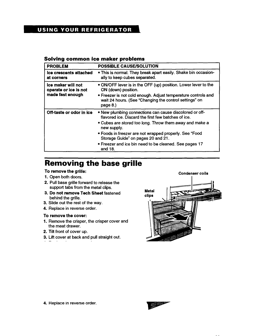 Whirlpool ED20PK ED22PK Removing the base grille, Solving common ice maker problems, Problem, Possible CAUSE/SOLUTION 