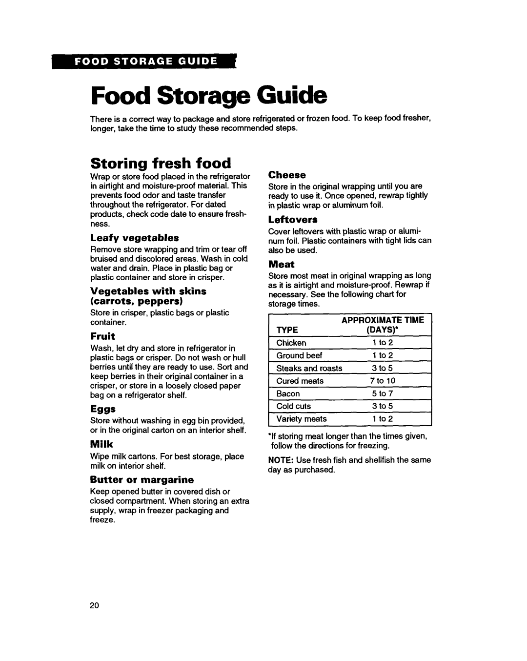 Whirlpool ED20PK ED22PK warranty Food Storage Guide, Storing fresh food 