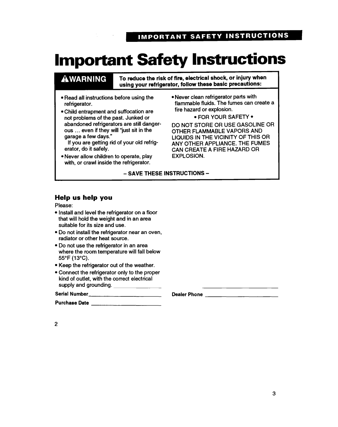 Whirlpool ED20PK ED22PK warranty Important Safety Instructions, Help us help you 