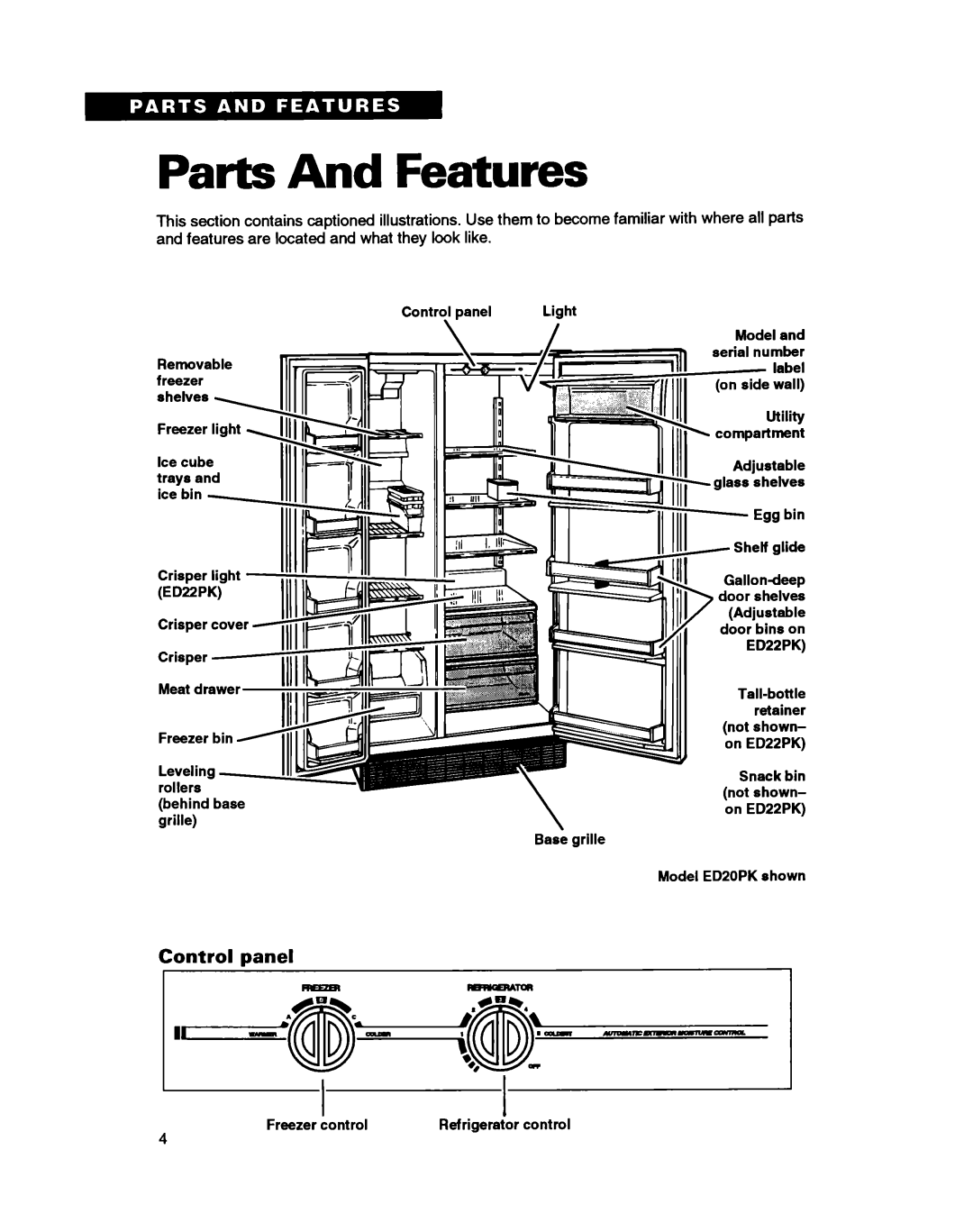 Whirlpool ED20PK ED22PK warranty Parts And Features, Control panel 