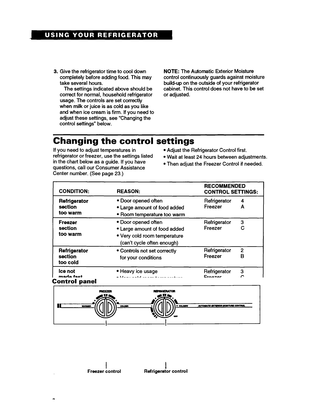 Whirlpool ED20PK ED22PK warranty Changing the control, Settings, Condition Reason Recommended 