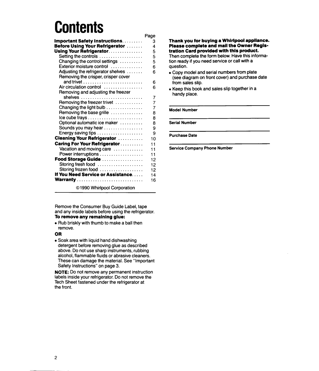 Whirlpool ED20SK manual Contents 