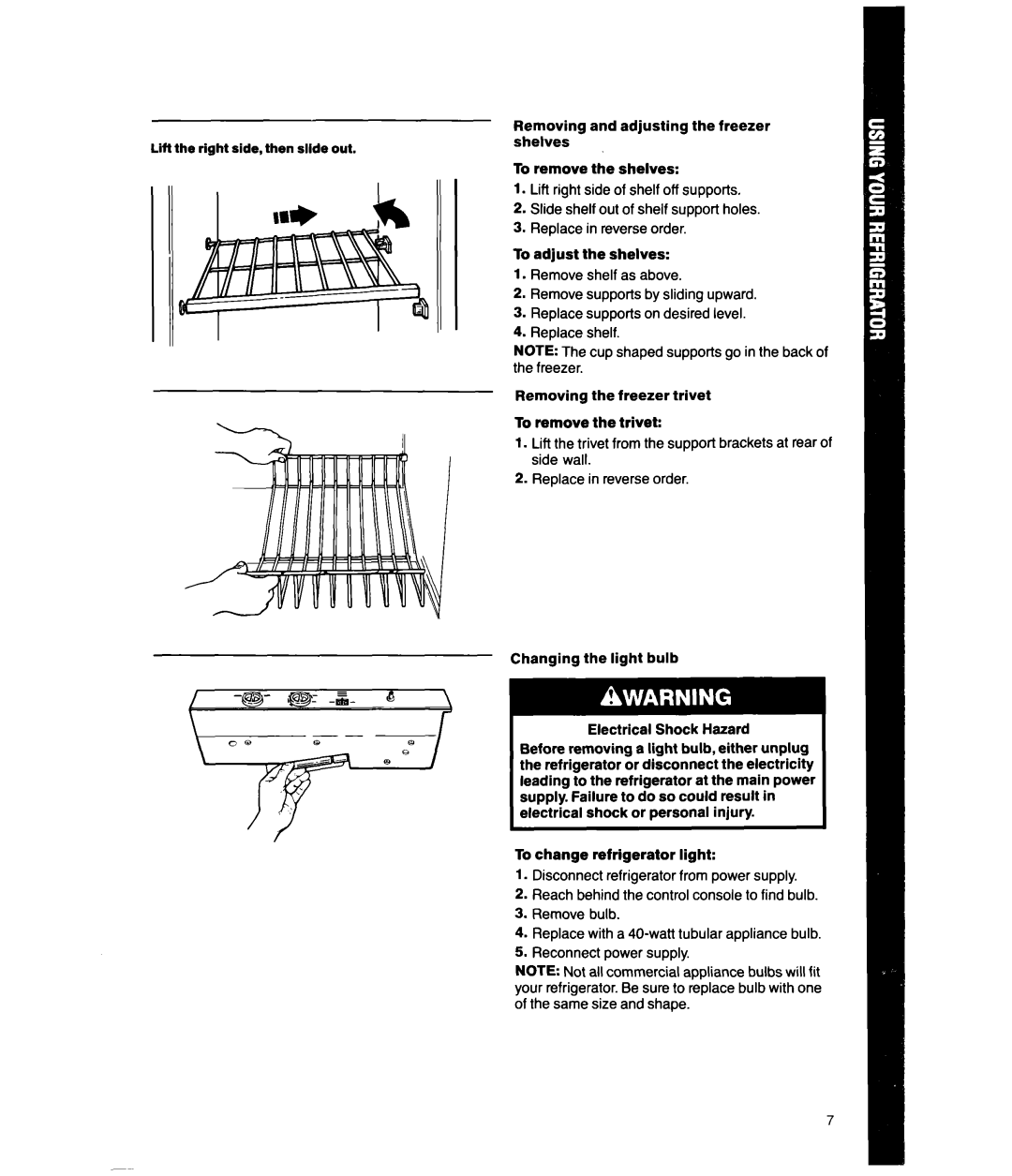 Whirlpool ED20SK Removing, Lift right side of shelf off supports, Order Adjust Shelves Remove shelf as above, Level 