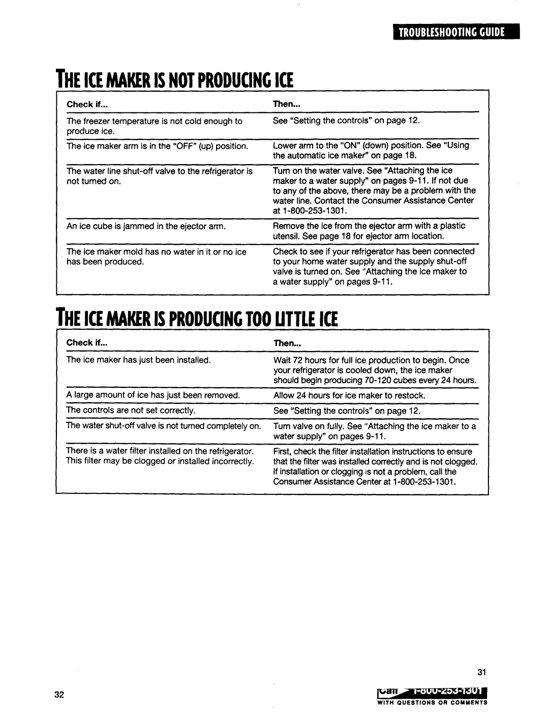 Whirlpool ED20TWXDN02 manual Theicemakerisnotproducingice, Theicemakerisproduqnctoolittleice 