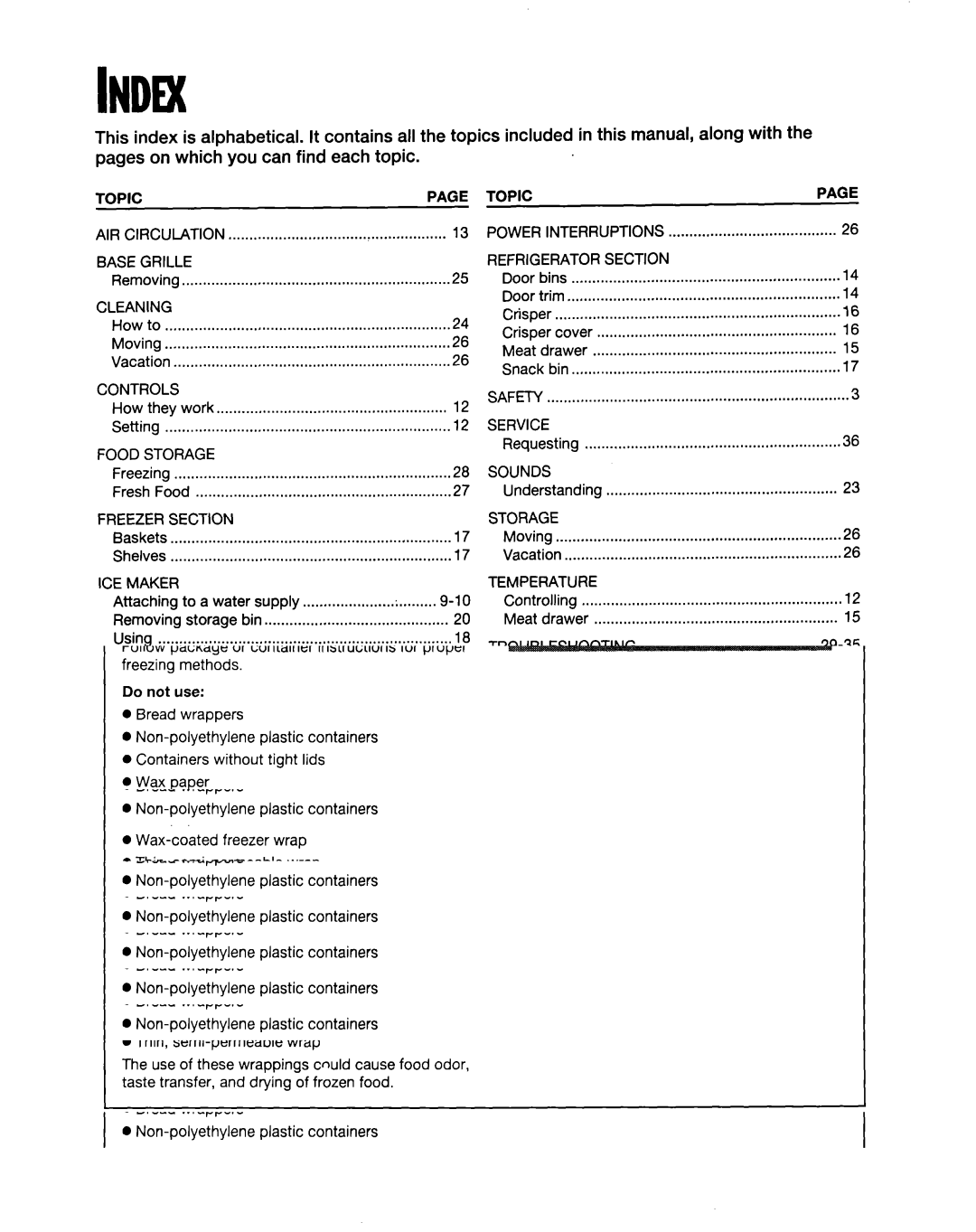 Whirlpool ED20TWXDN02 Topic, Base Grille, Cleaning, Controls, Food Storage, Freezer Section, Refrigerator Section, Service 