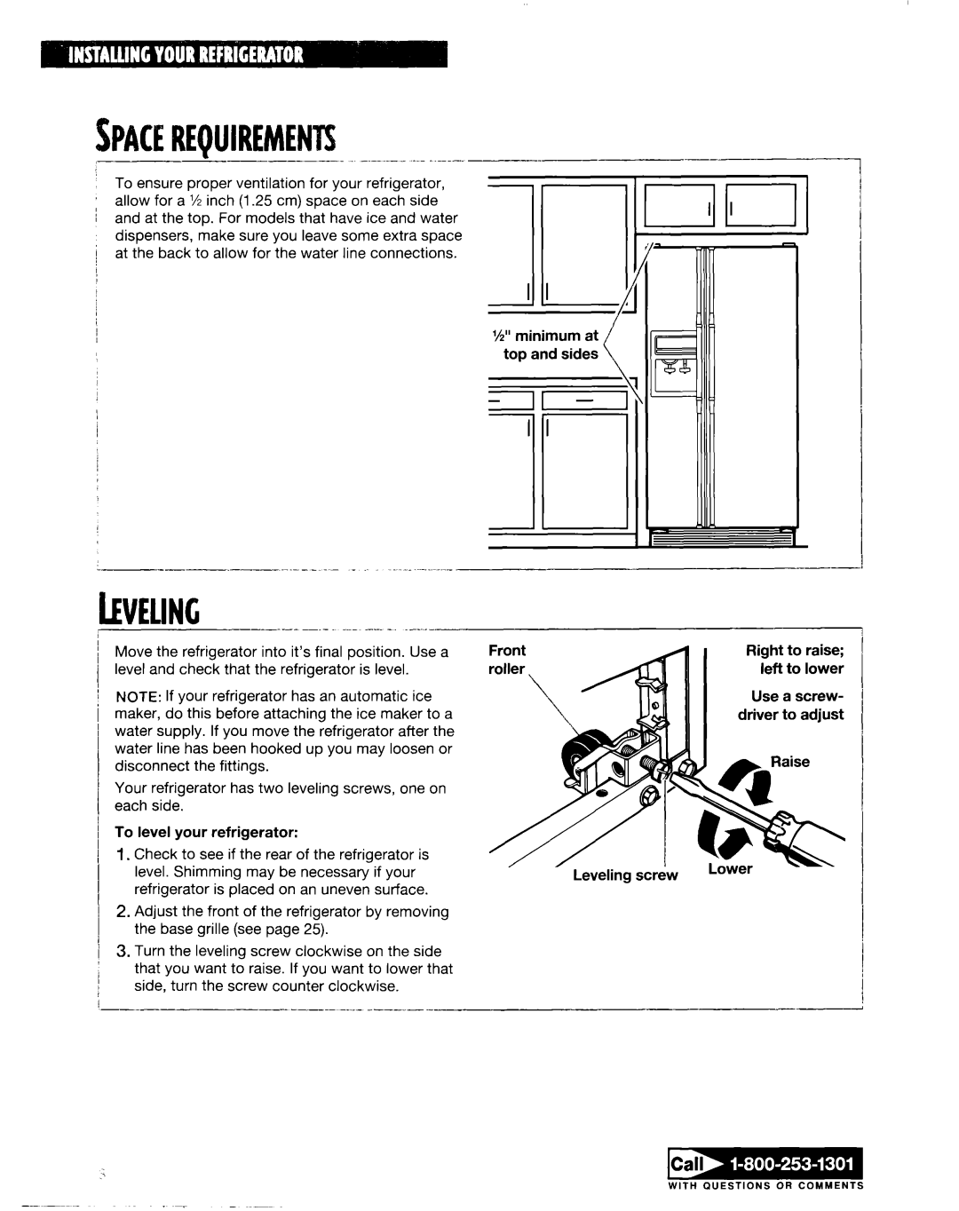 Whirlpool ED20TWXDN02 manual Spacerequirements __ _._..^.._--_, Leveling-- .- - -. --~ 