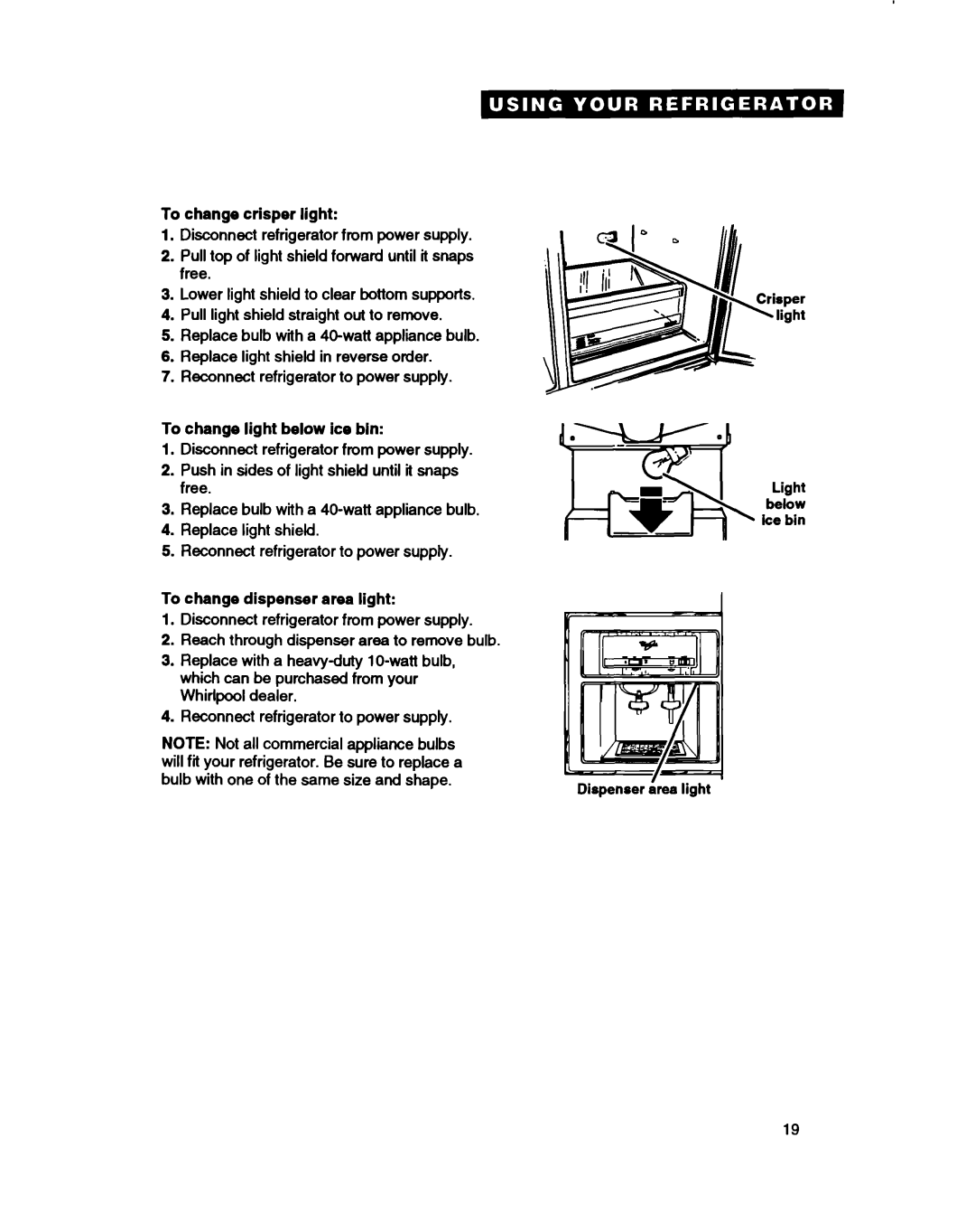 Whirlpool ED22DC warranty To change crisper light, To change light below ice bln, To change dispenser area light 