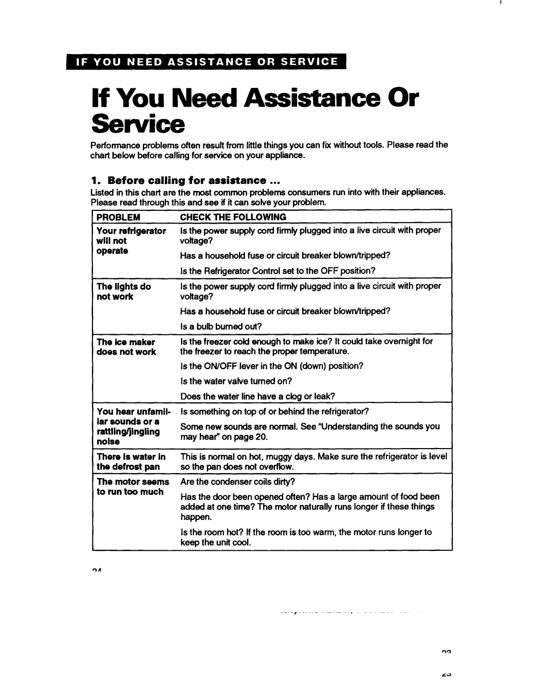 Whirlpool ED22DC If You Need Assistance Or Service, Before calling for assistance, There is water in the defrost Dan 