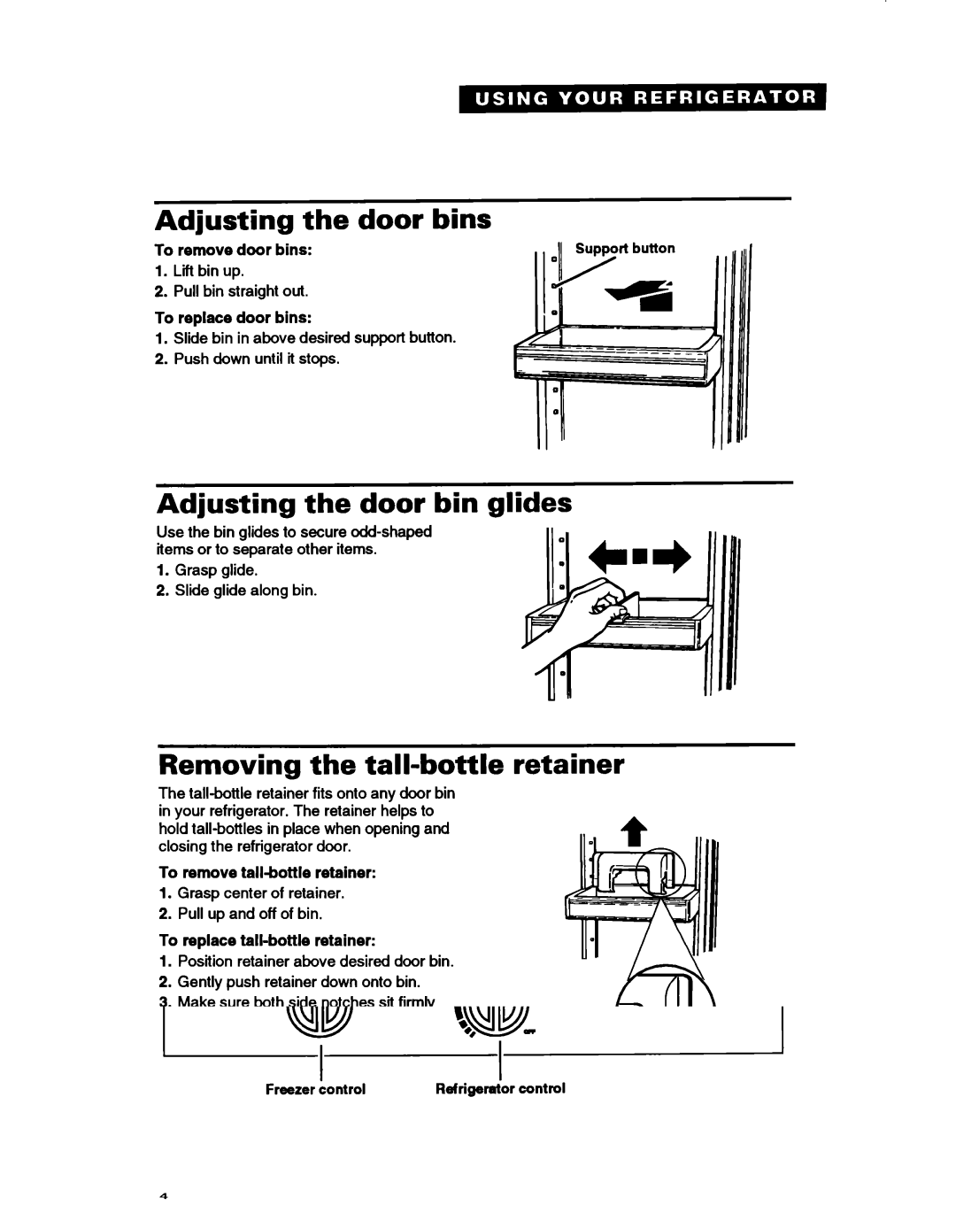 Whirlpool ED22DC warranty Adjusting the door bins, Adjusting the door bin glides, Removing the tall-bottle retainer 