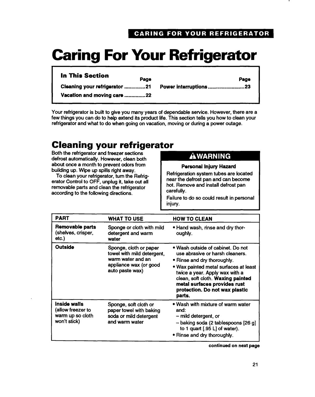 Whirlpool ED22DC Caring For Your Refrigerator, Cleaning your refrigerator, Vacation, Removable parts, Outside Inside walls 