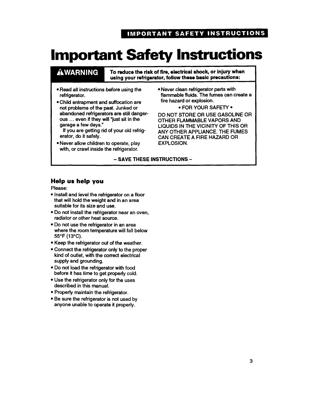Whirlpool ED22DC warranty Important Safety Instructions, Help us help you, Save These Instructions 