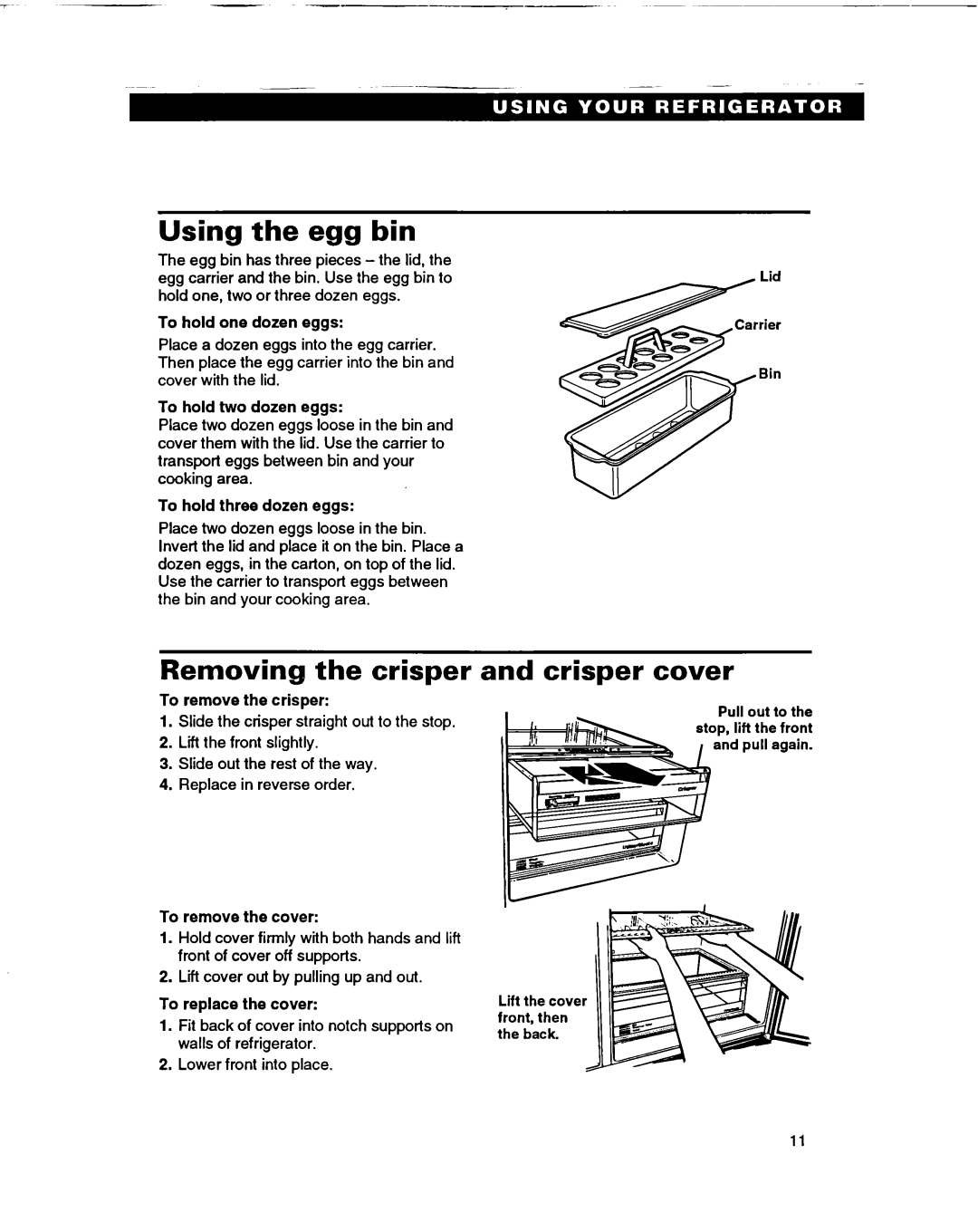 Whirlpool ED22DF warranty Using the egg bin, Removing the crisper and crisper cover 