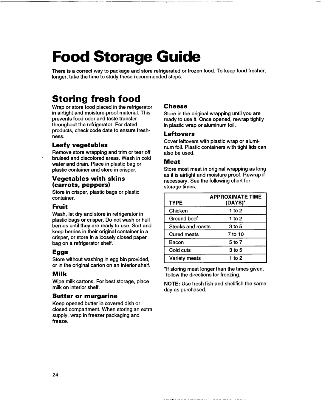 Whirlpool ED22DF warranty Food Storage Guide, Storing fresh food 