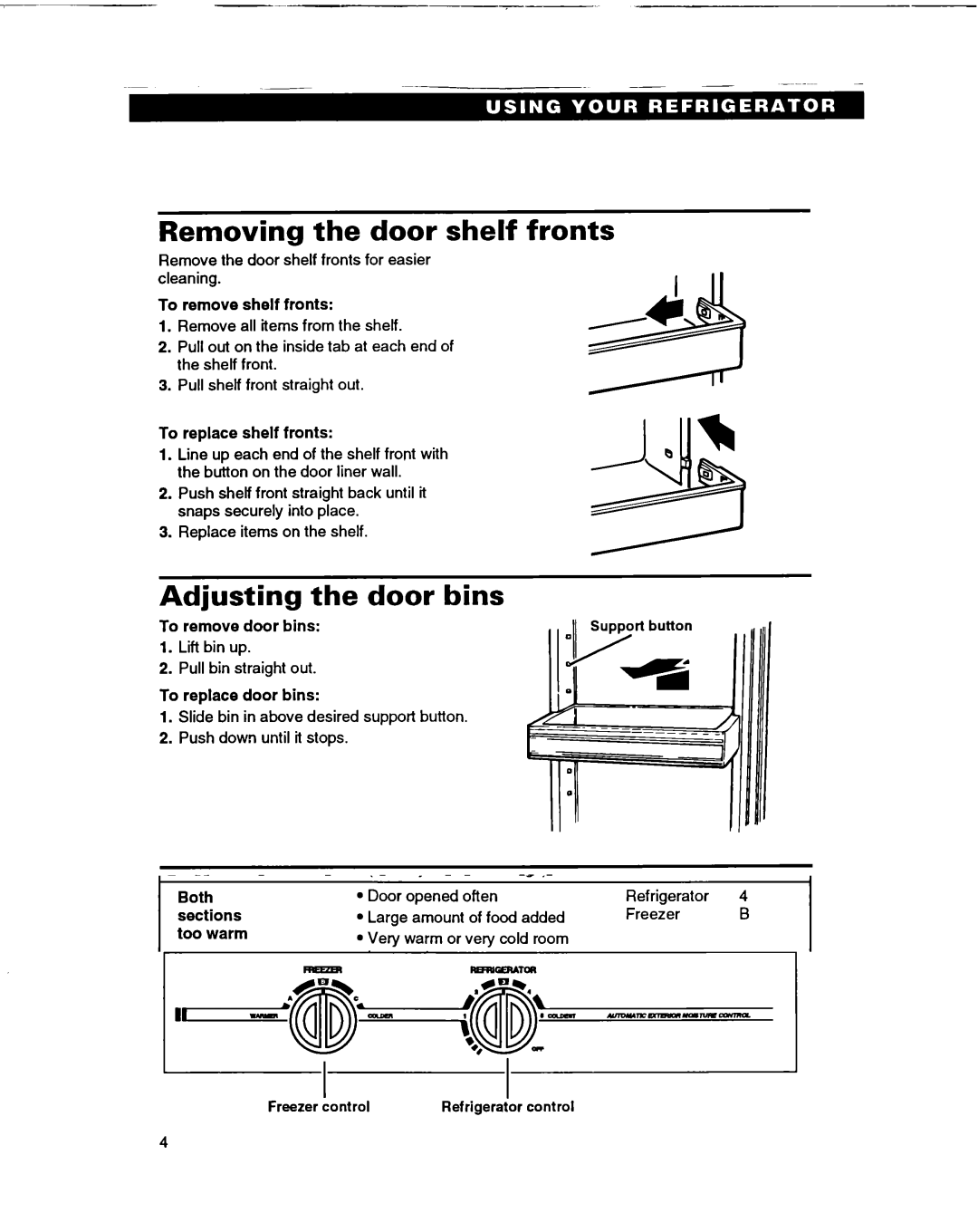 Whirlpool ED22DF warranty Removing the door shelf fronts, Adjusting the door bins, Adjusting the door bin glides 