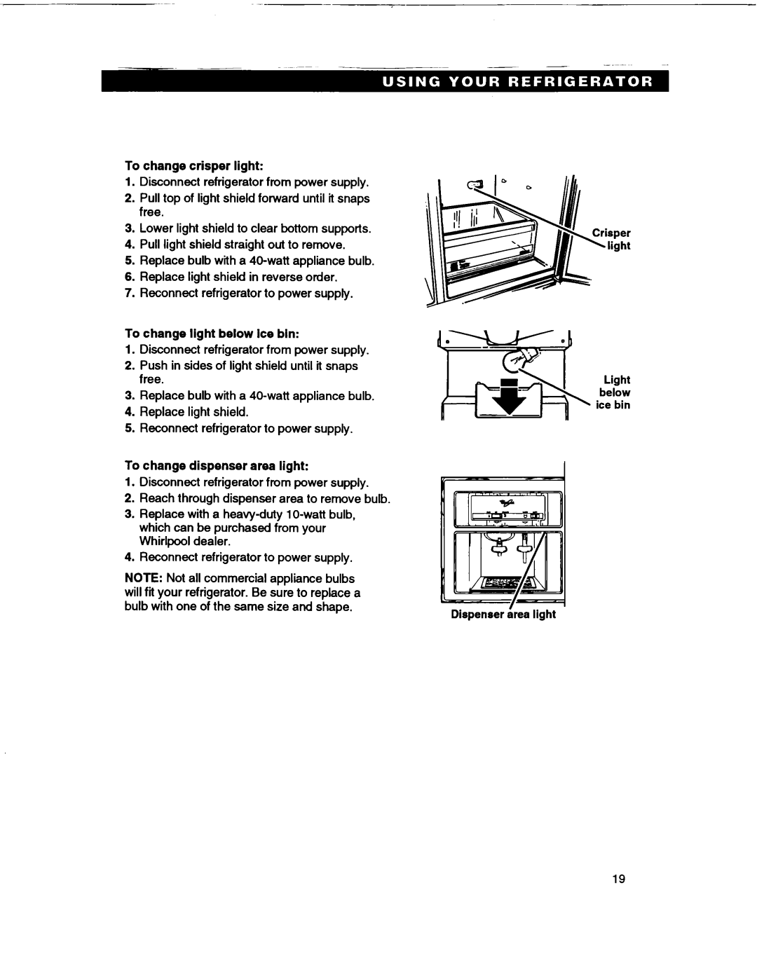 Whirlpool ED22DL warranty To change crisper light, To change light below ice bin, To change dispenser area light 