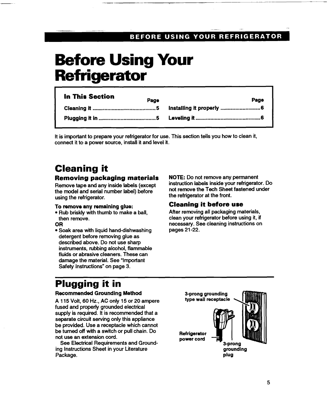 Whirlpool ED22DL warranty Before Using Your Refrigerator, Cleaning it, Plugging it 