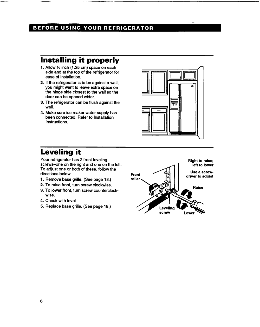 Whirlpool ED22DL warranty Installing it properly, Leveling 