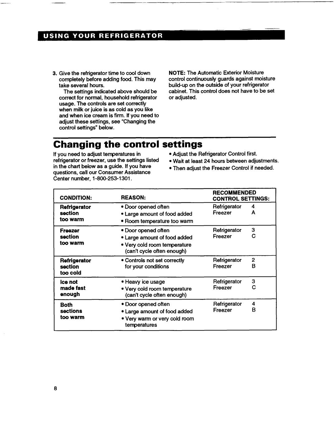 Whirlpool ED22DL warranty Changing the control, Settings, Condition, Reason 