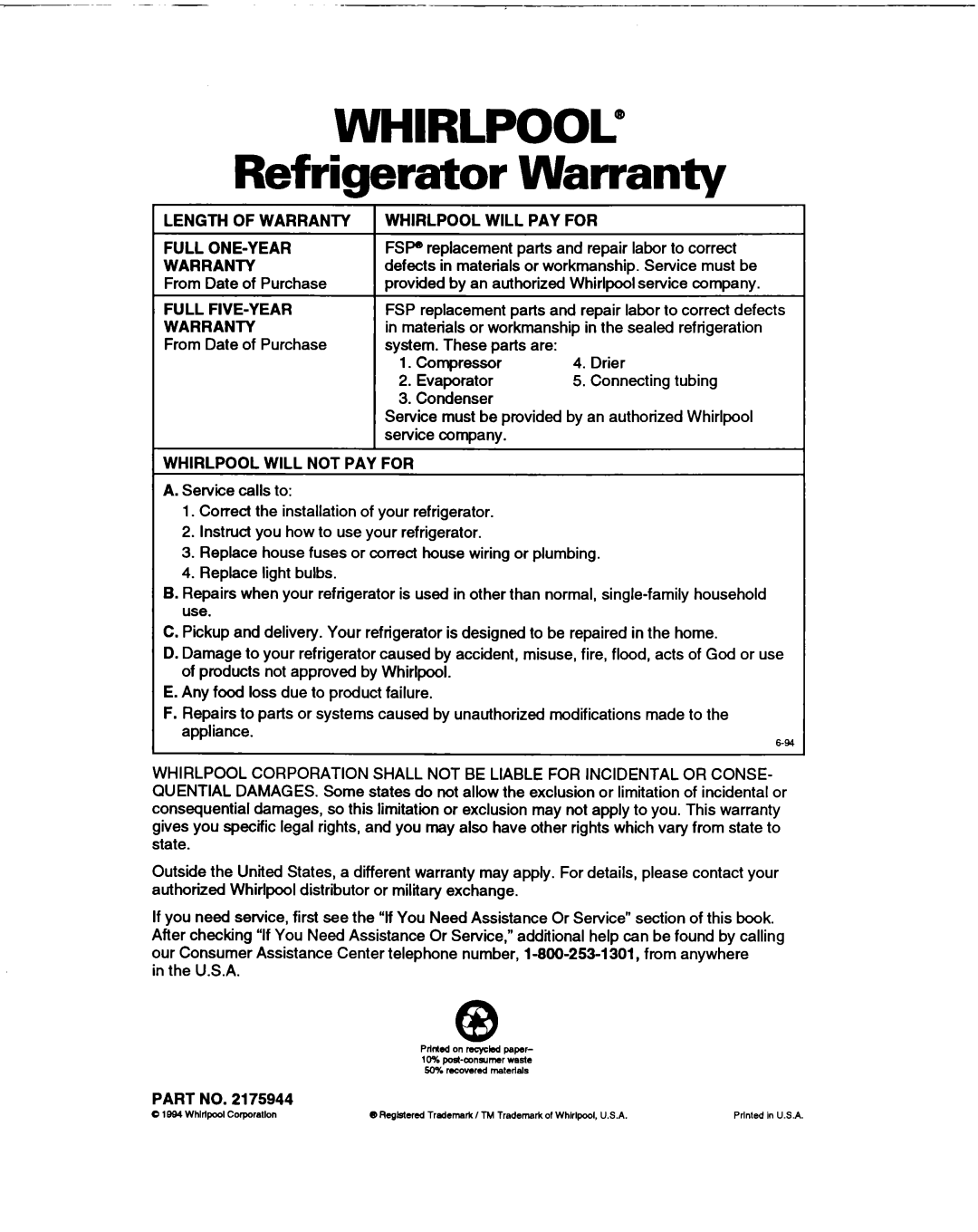 Whirlpool ED22DL warranty WHIRLPOOL@ Refrigerator Warranty 