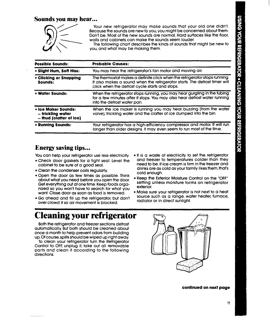 Whirlpool ED22DW manual Cleaning your refrigerator, Sounds you may hear, Energy saving tips 