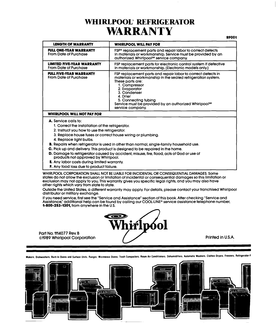 Whirlpool ED22DW manual Warranty 